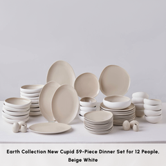 Karaca Red Carpet Earth Collection New Cupid 59-Piece Dinner Set for 12 People, Beige White