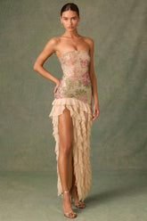 Embellished Ruffle-Trim Strapless Gown in Rose Hotfix