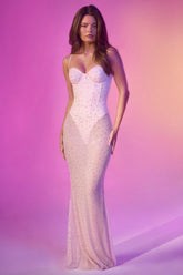 Semi-Sheer Embellished Corset Gown in Pink