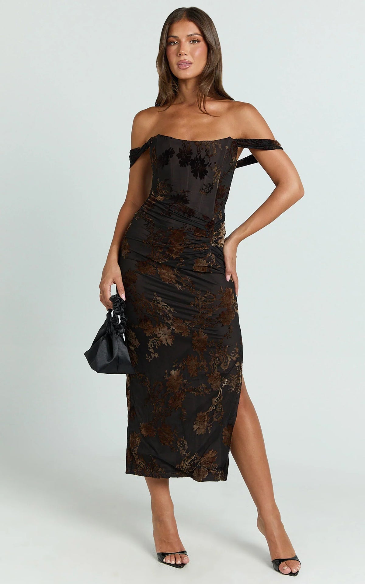Karlene Midi Dress Ruched Corset Burnout Dress in Black and Brown