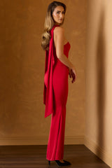 Scarf-Detail Strapless Gown in Scarlet Red