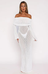 Made It Out Long Sleeve Boucle Maxi Dress White