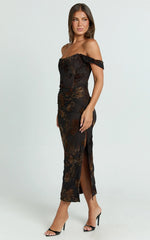 Karlene Midi Dress Ruched Corset Burnout Dress in Black and Brown