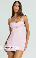 Gigi Mini Linen Blend Dress Sweetheart Tie Back Scallop Detail Dress in Pink