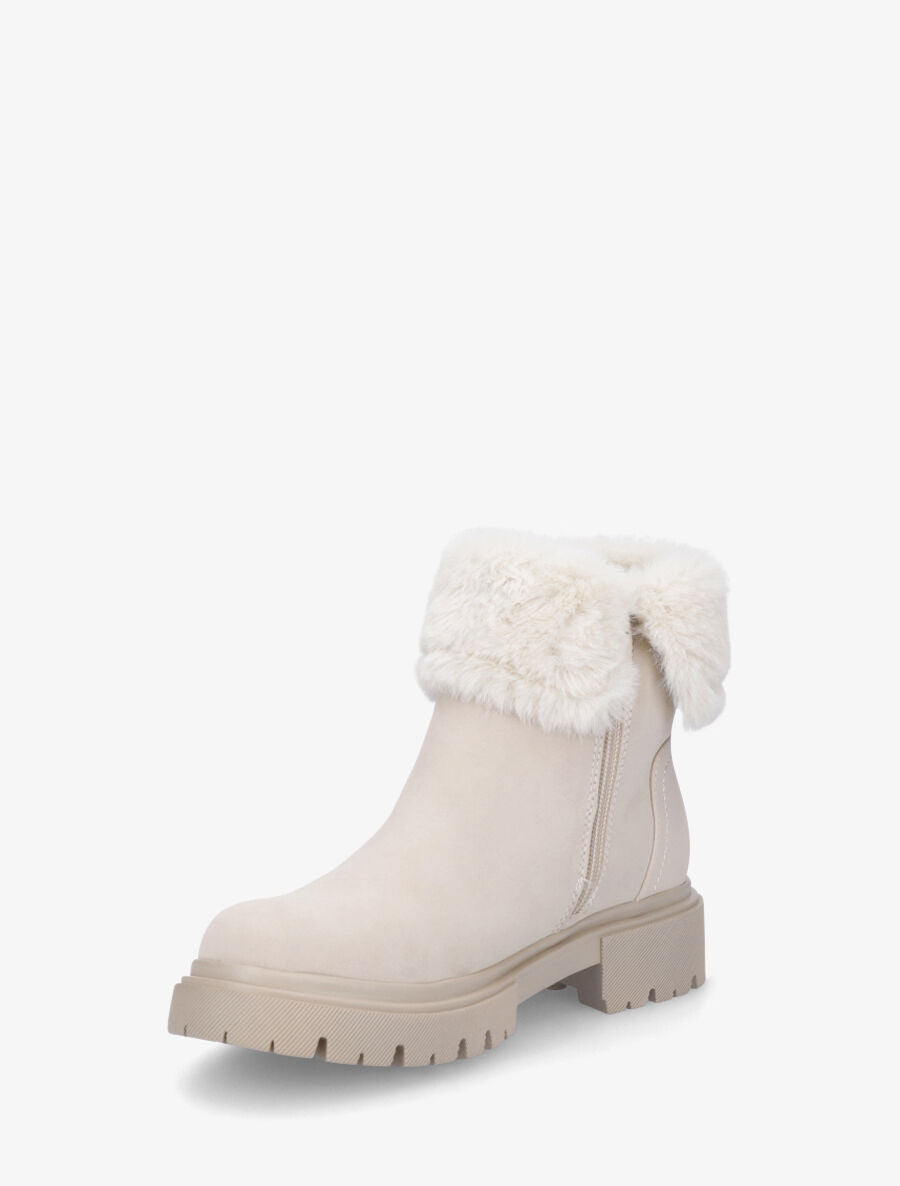 Bottines en suédine à revers en fausse fourrure - Beige - 3