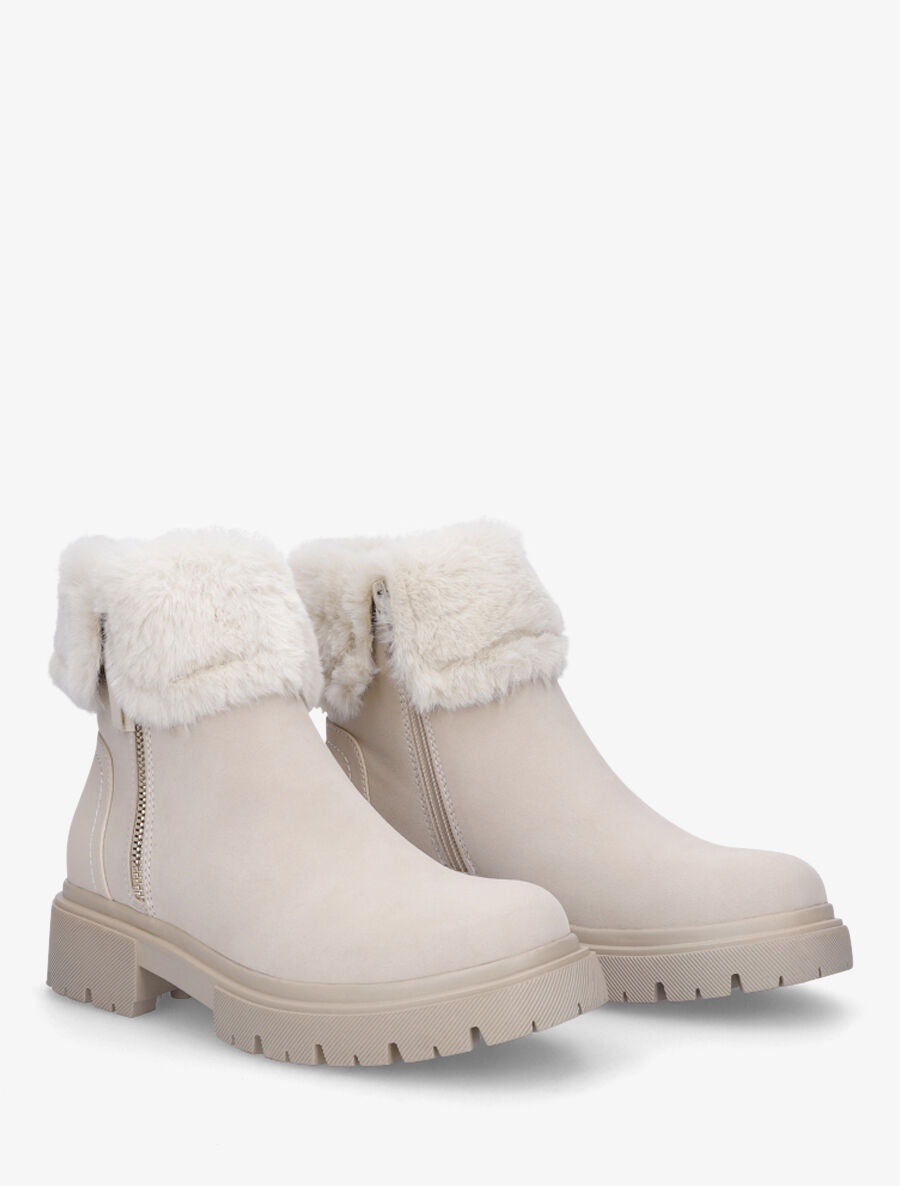 Bottines en suédine à revers en fausse fourrure - Beige - 4