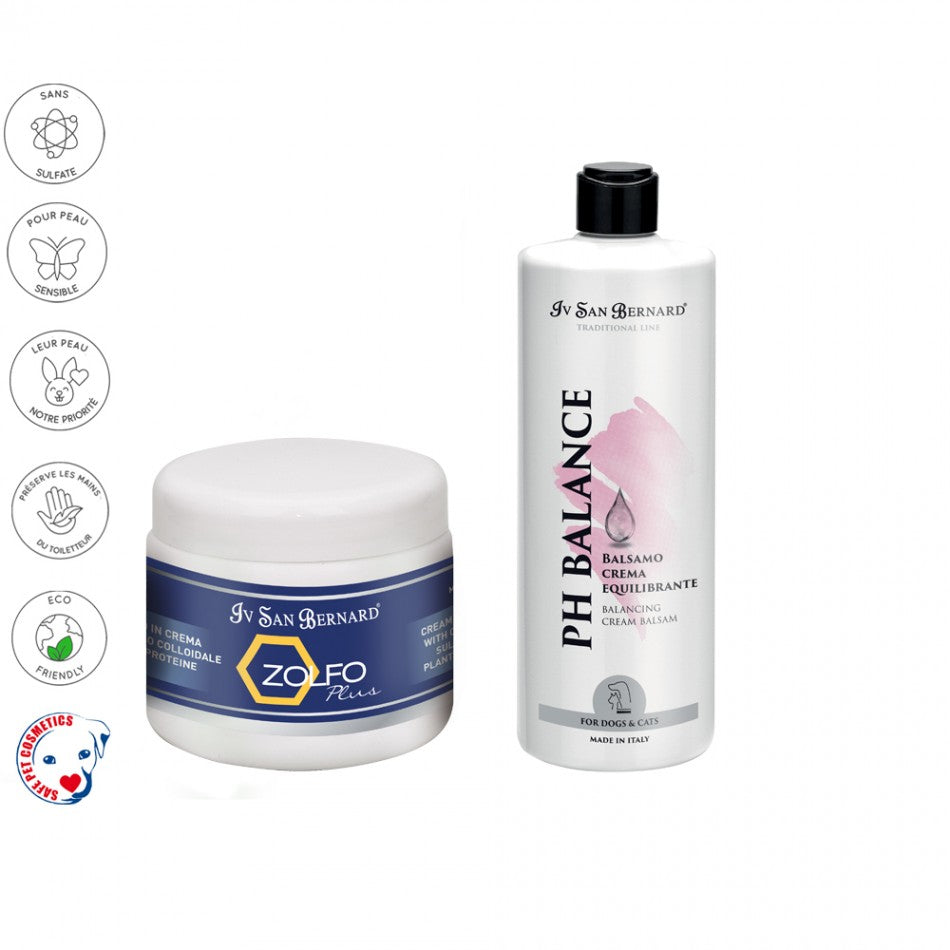 Pack shampooing Zolfo et après shampooing PH balance pour peau sensible allergique chat et chien